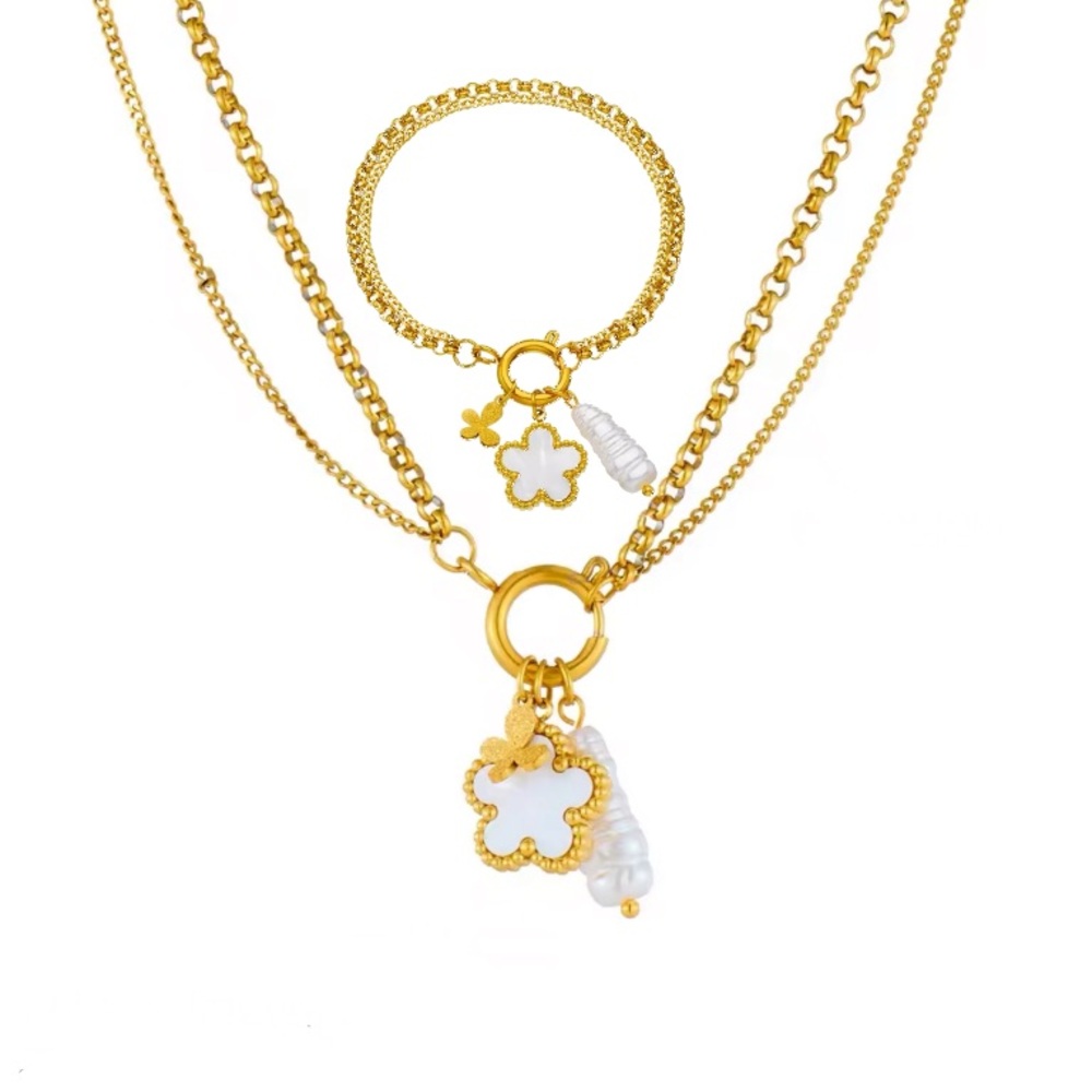 Gold and White Flower Pearl Charm Necklace and Bracelet Set Stainless Steel